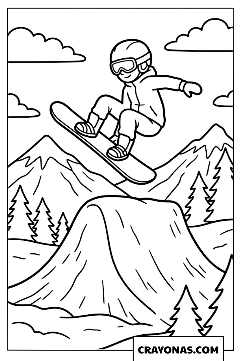 Snowboarder Riding Down Mountain Slope Coloring Page