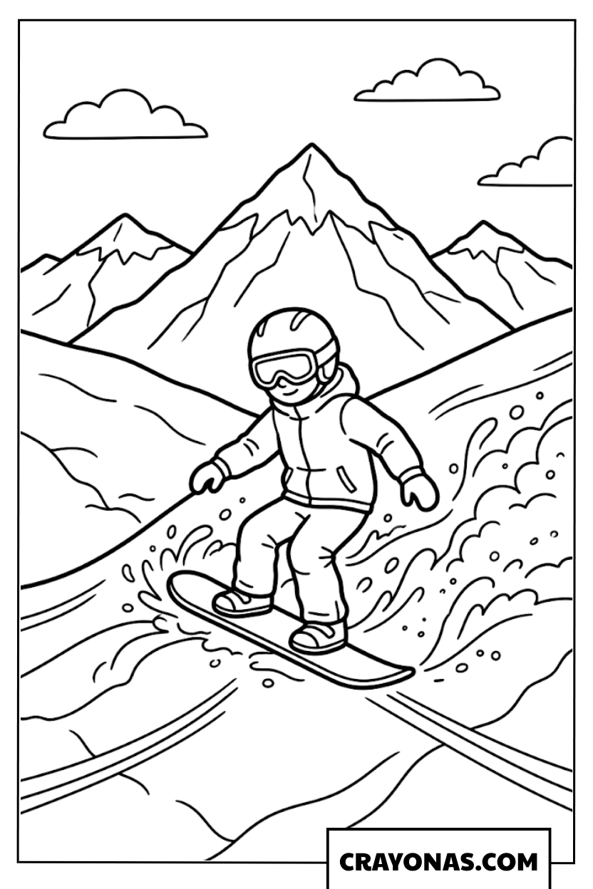 Snowboarder on Winding Mountain Trail Coloring Page