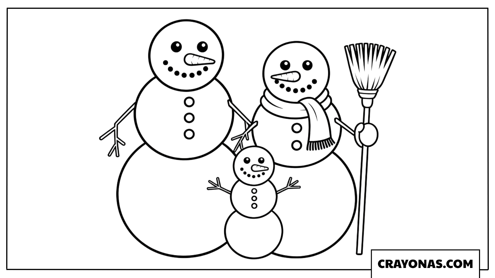 Snowman Family with Broom Coloring Page