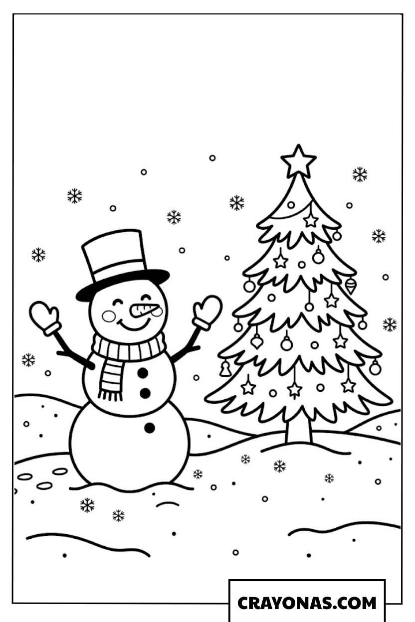 Snowman with Christmas Tree Coloring Page