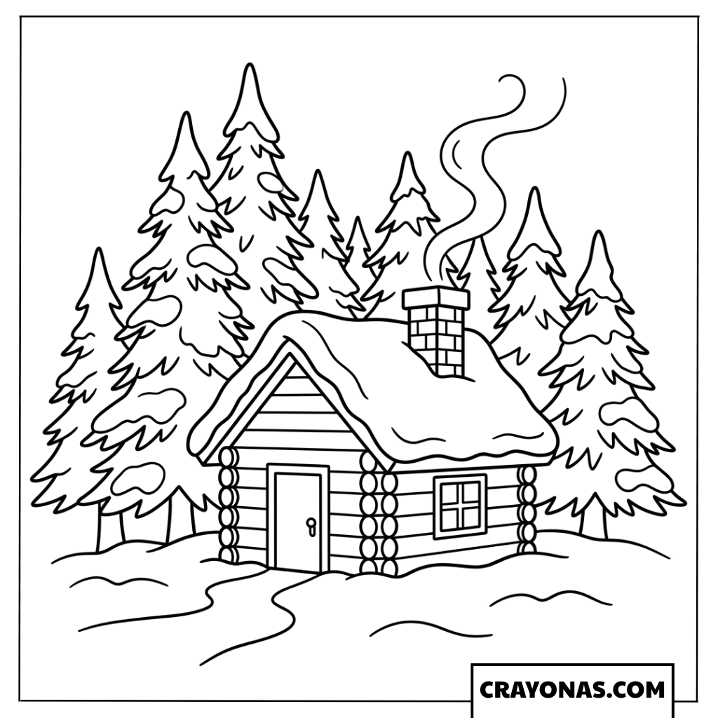 Snowy Log Cabin in Pine Forest Coloring Page