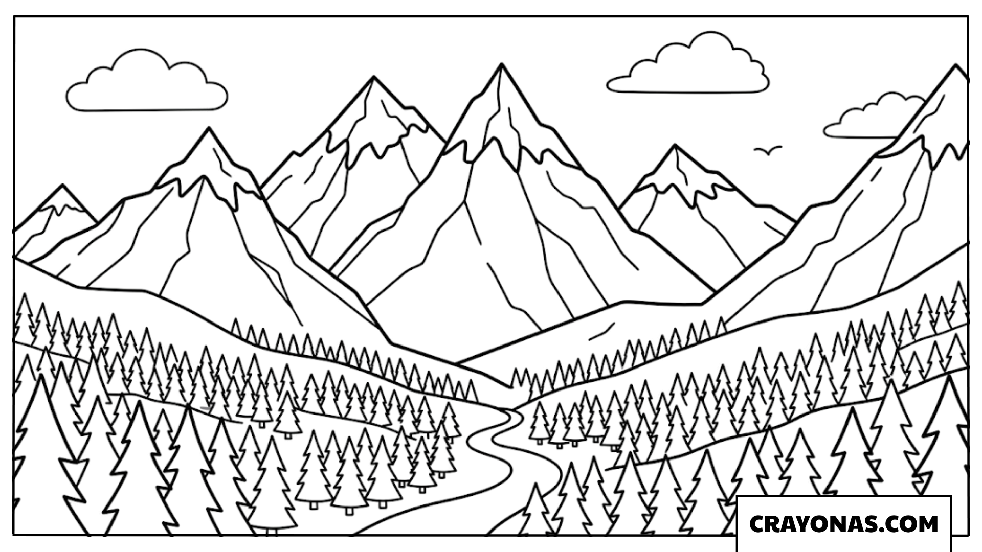 Snowy Mountain Range with River Coloring Page