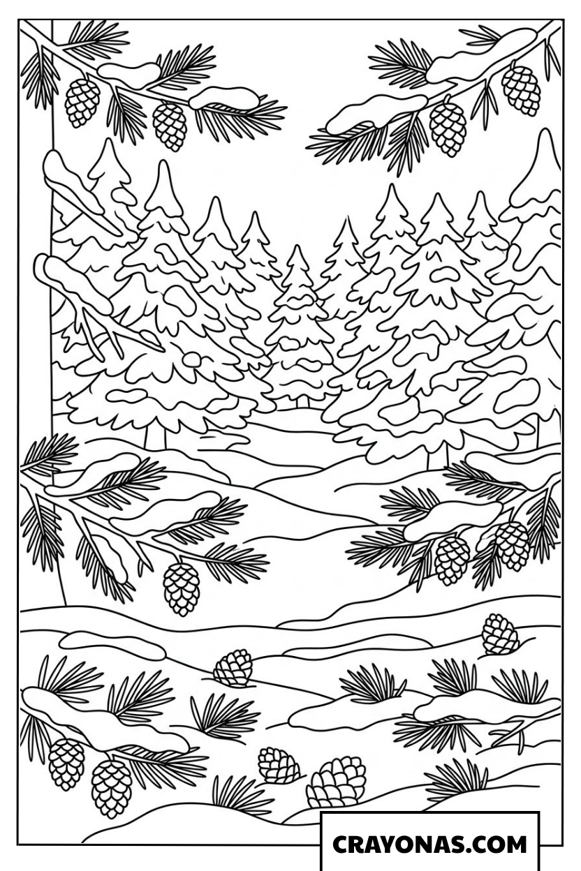 Snowy Pine Forest with Pinecones Coloring Page