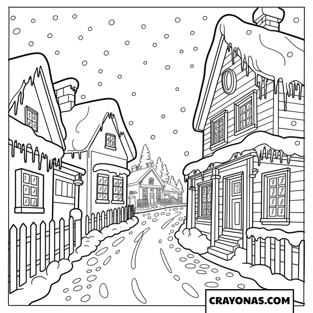 Snowy Village Street Coloring Page