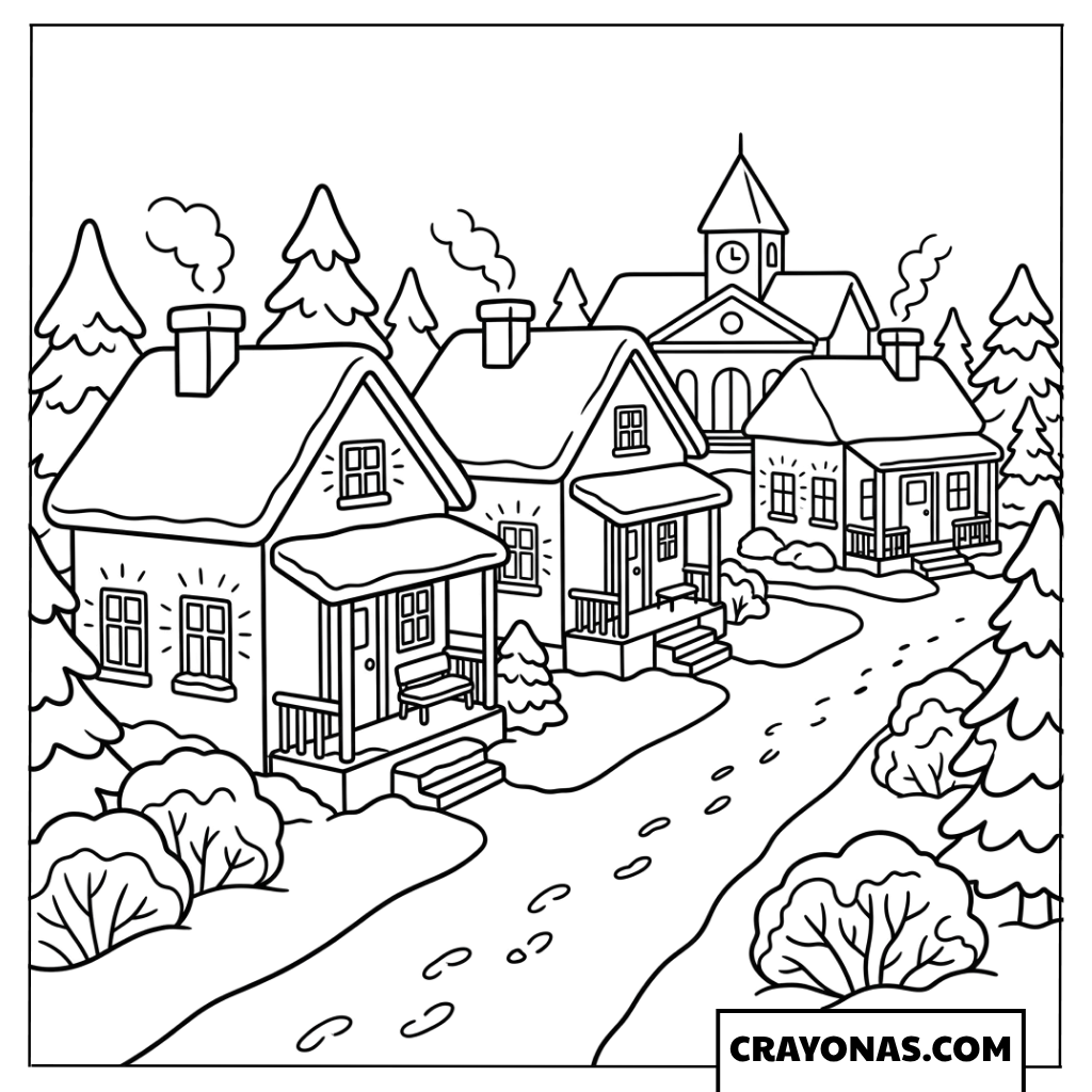 Snowy Winter Village Street Coloring Page