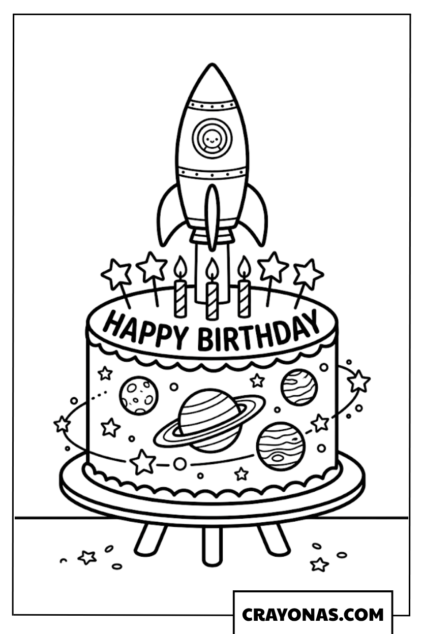Space Rocket Birthday Cake Coloring Page