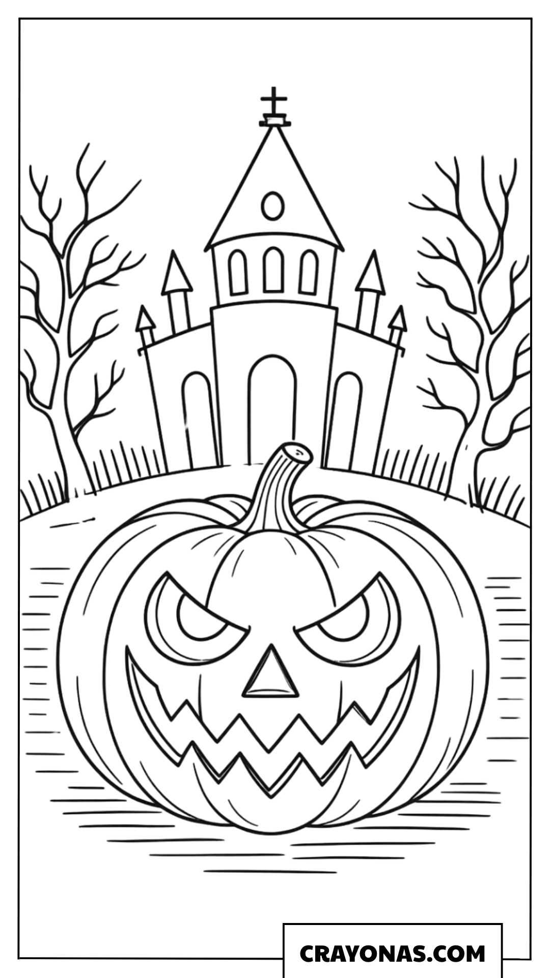 Spooky Pumpkin in Front of Haunted Castle Coloring Page