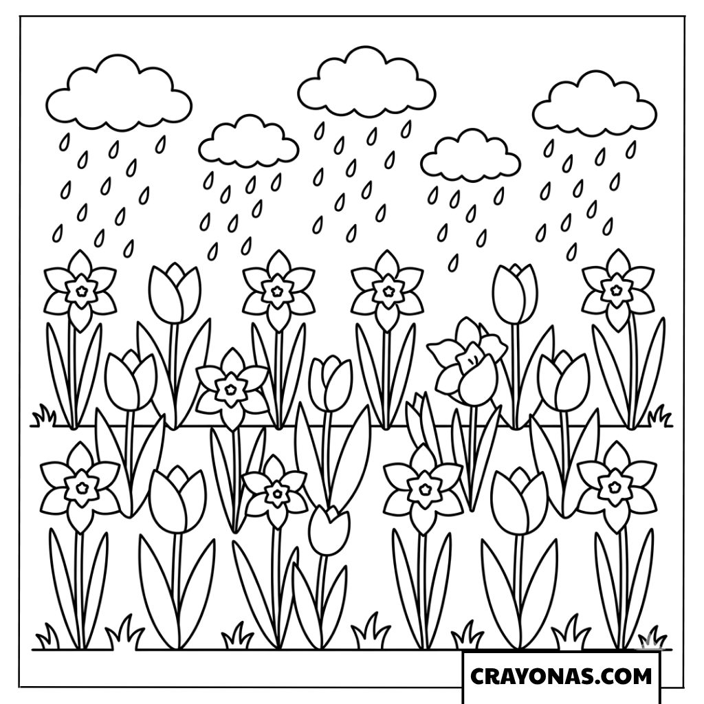 Spring Flowers in Rain Coloring Page