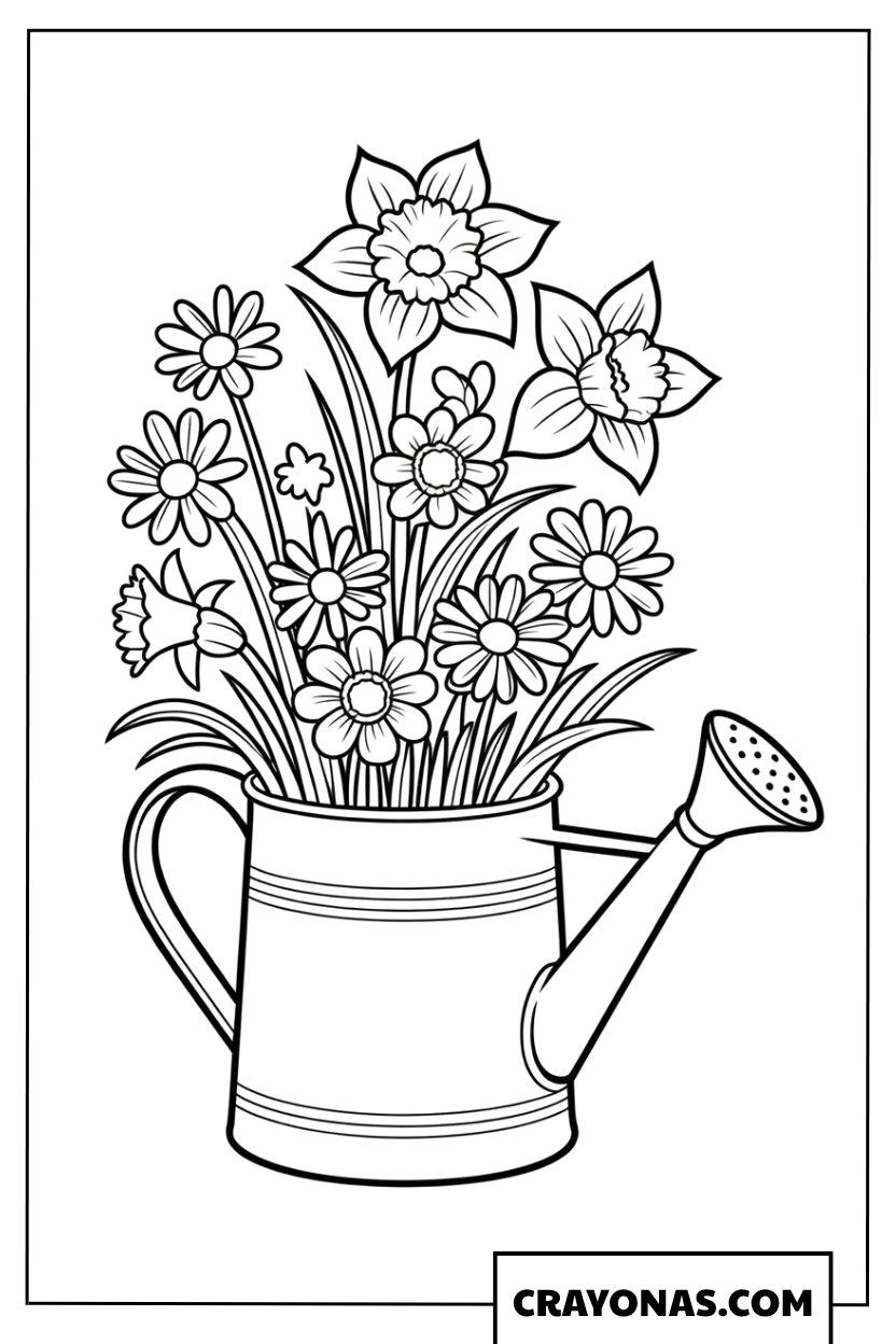 Spring Flowers in Watering Can Coloring Page