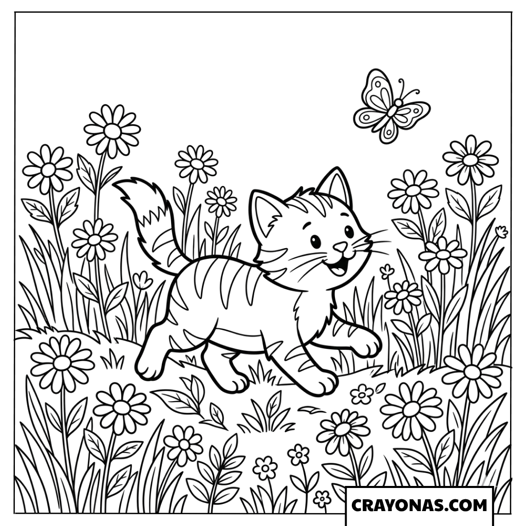 Spring Kitten in Flower Field Coloring Page
