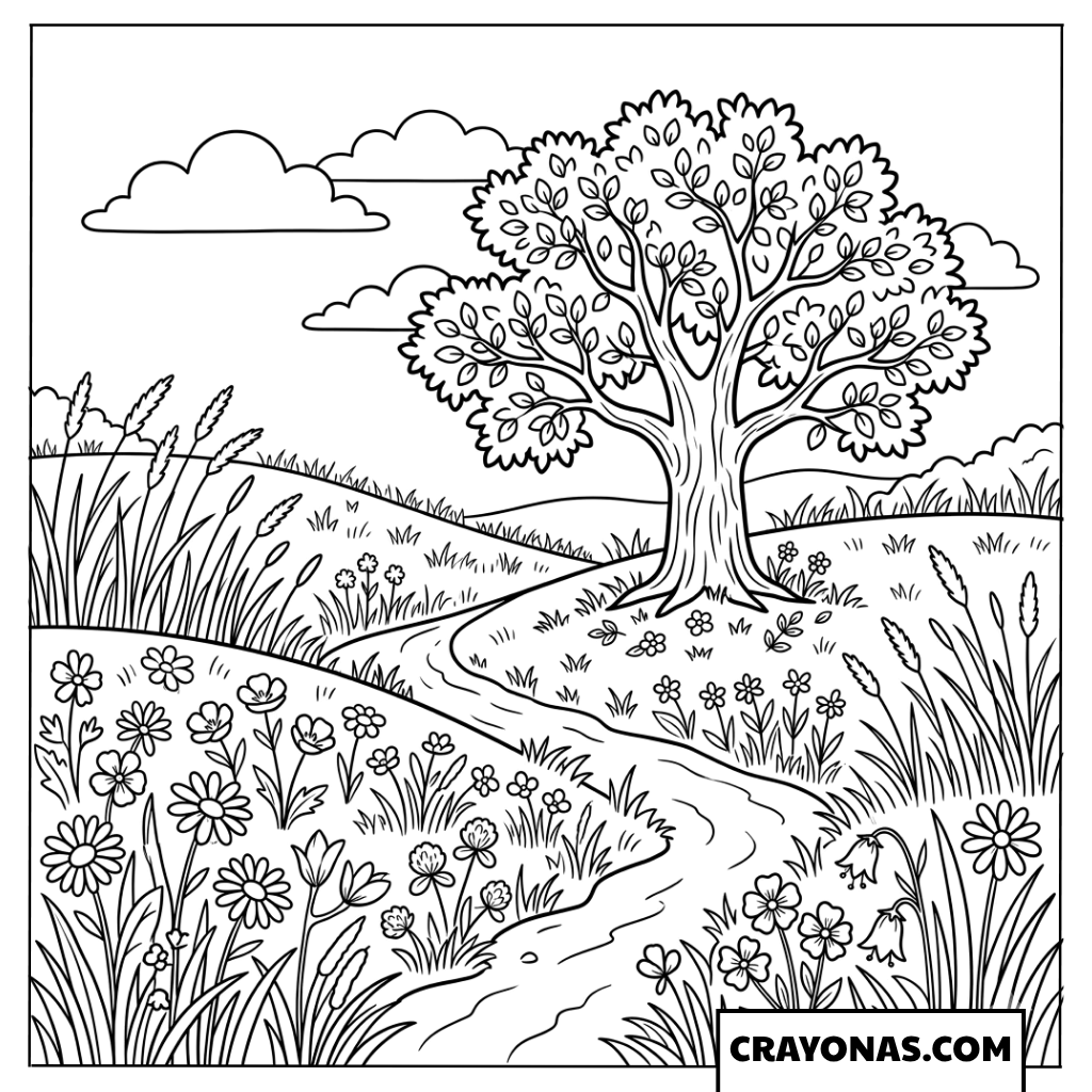 Spring Meadow Path Coloring Page