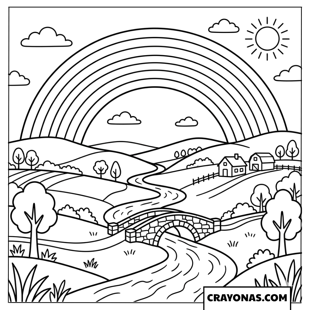 Spring Rainbow over Countryside Coloring Page