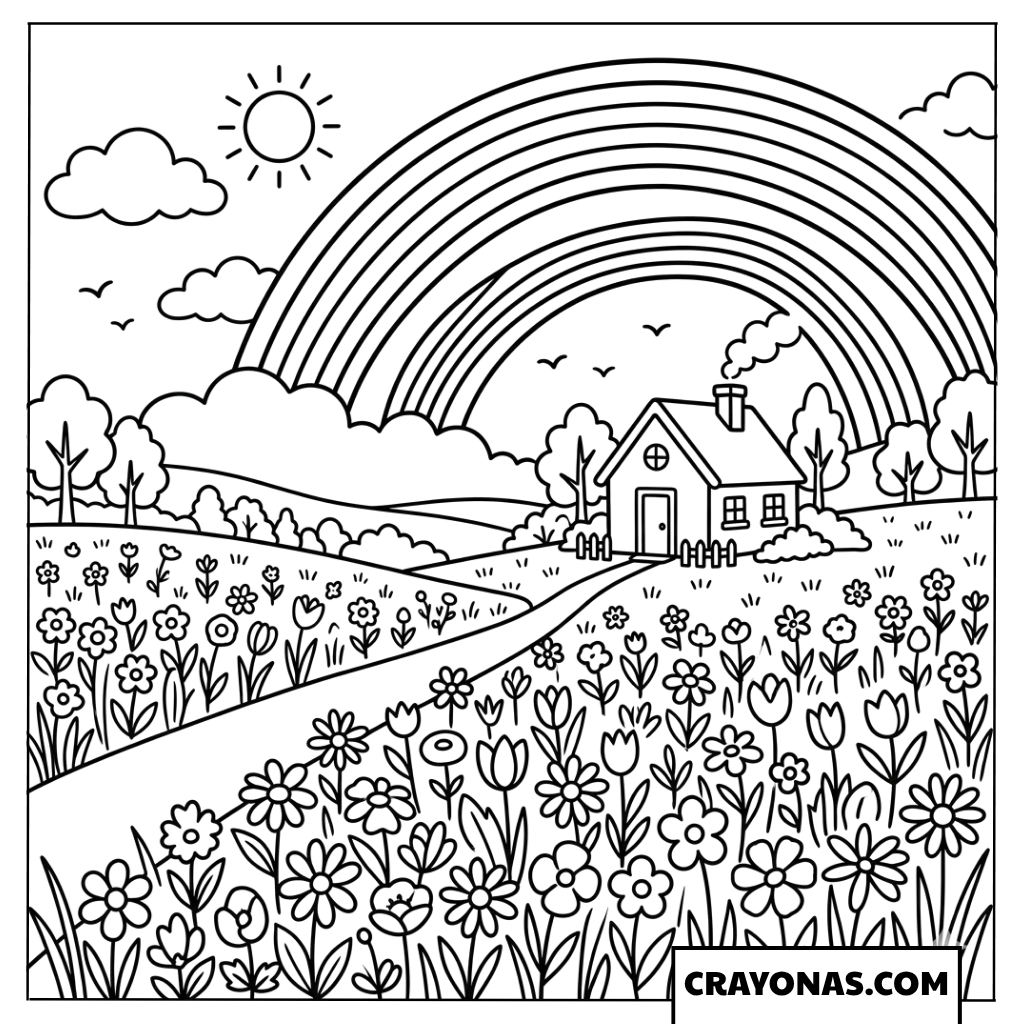 Spring Rainbow over Flower Field Coloring Page