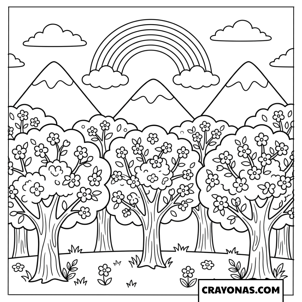 Spring Rainbow over Mountains Coloring Page