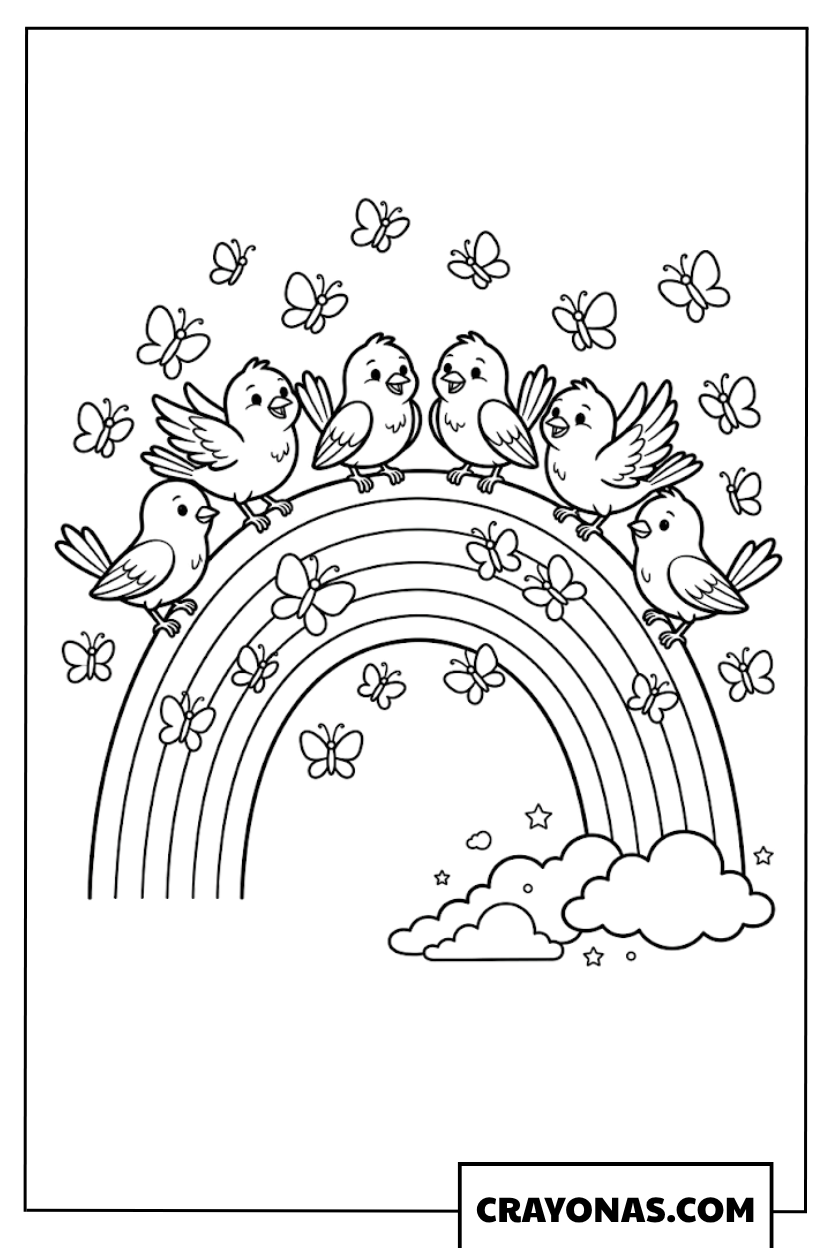 Spring Rainbow with Birds Coloring Page
