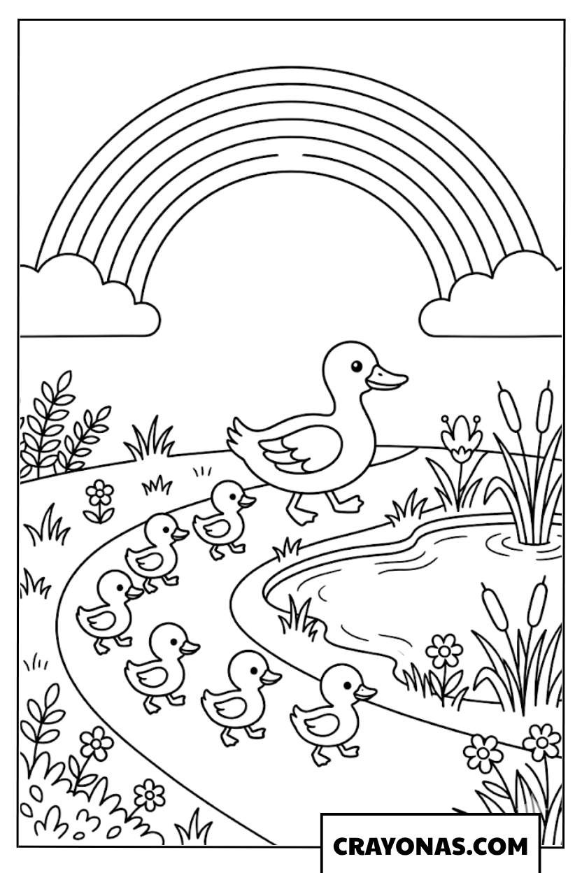 Spring Rainbow with Duck Family Coloring Page