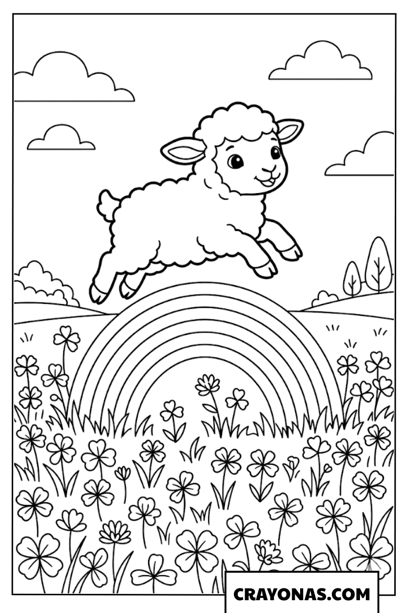 Spring Rainbow with Lamb Coloring Page