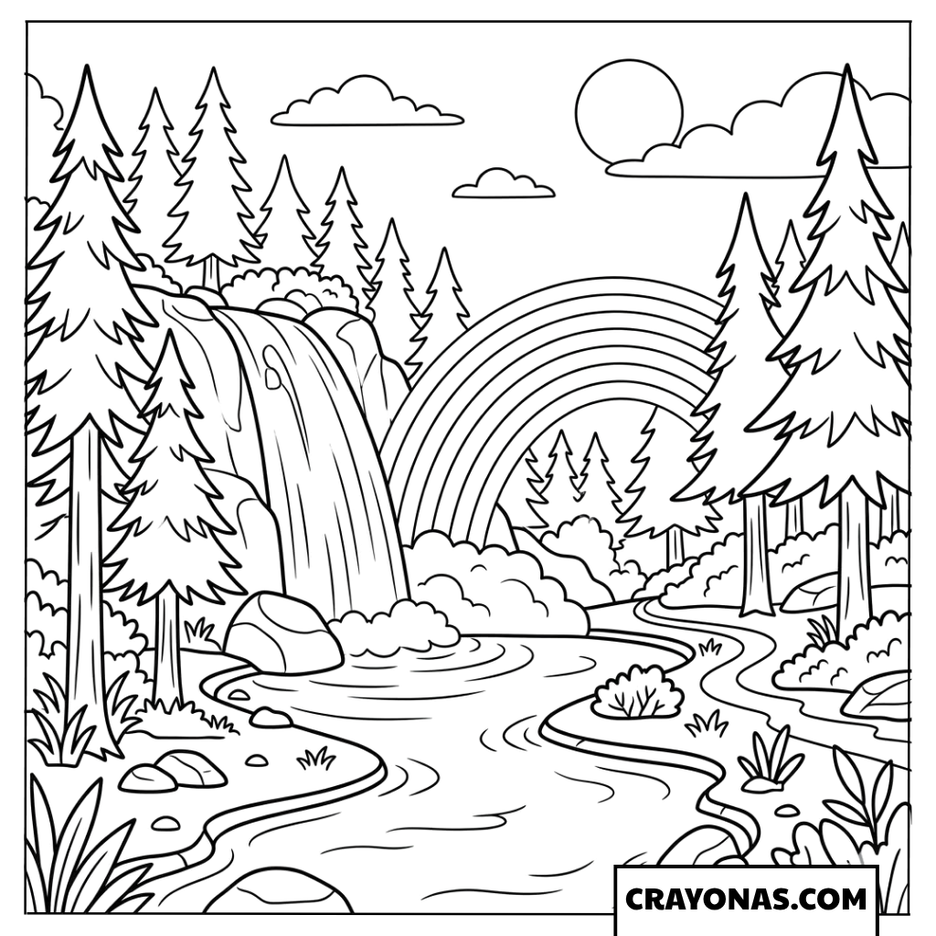 Spring Rainbow with Waterfall Coloring Page