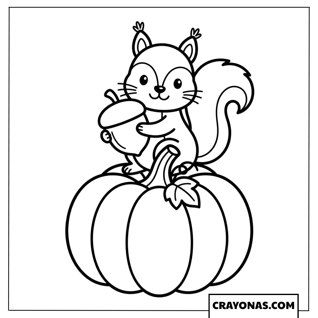 Squirrel on Pumpkin with Acorn Coloring Page
