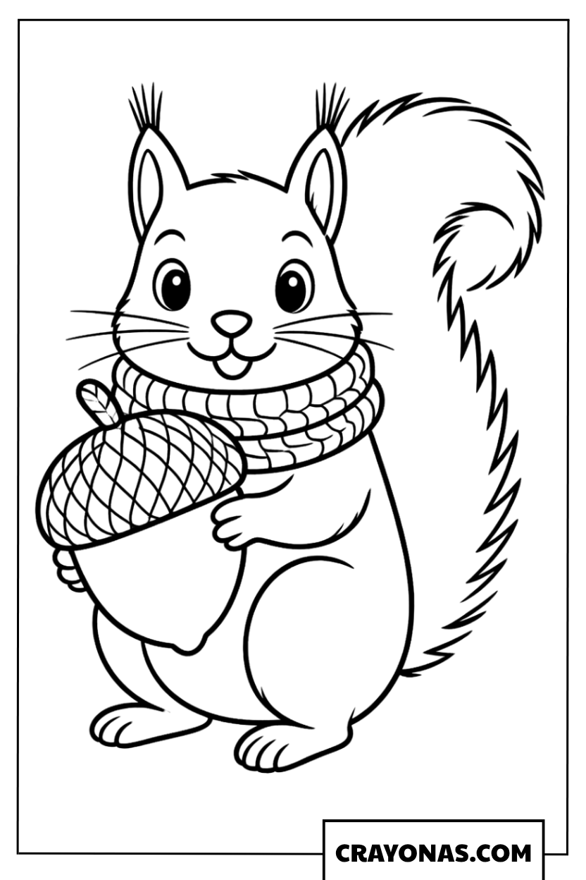 Squirrel with Scarf Holding Acorn Coloring Page