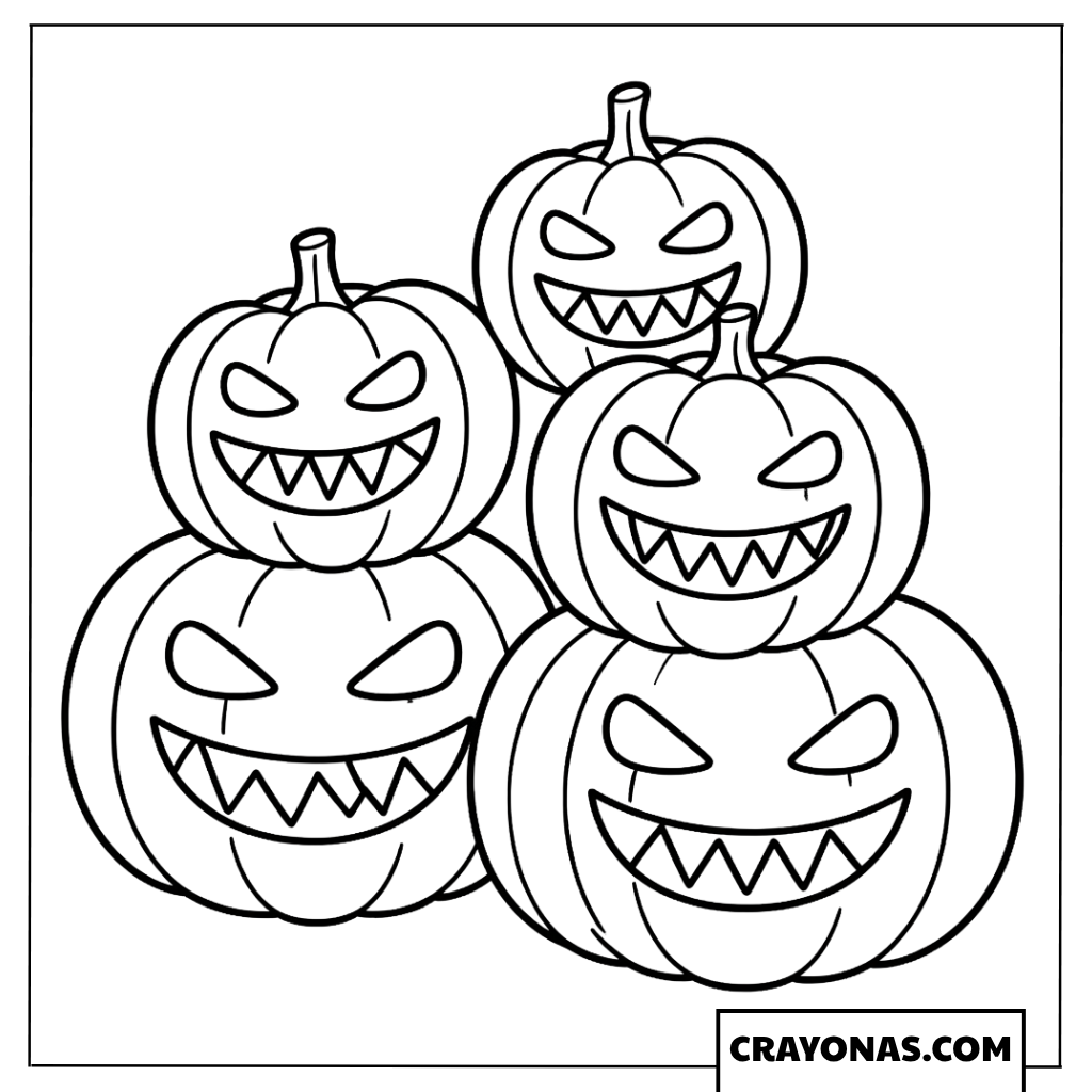 Stack of Scary Pumpkins with Sharp Teeth Coloring Page