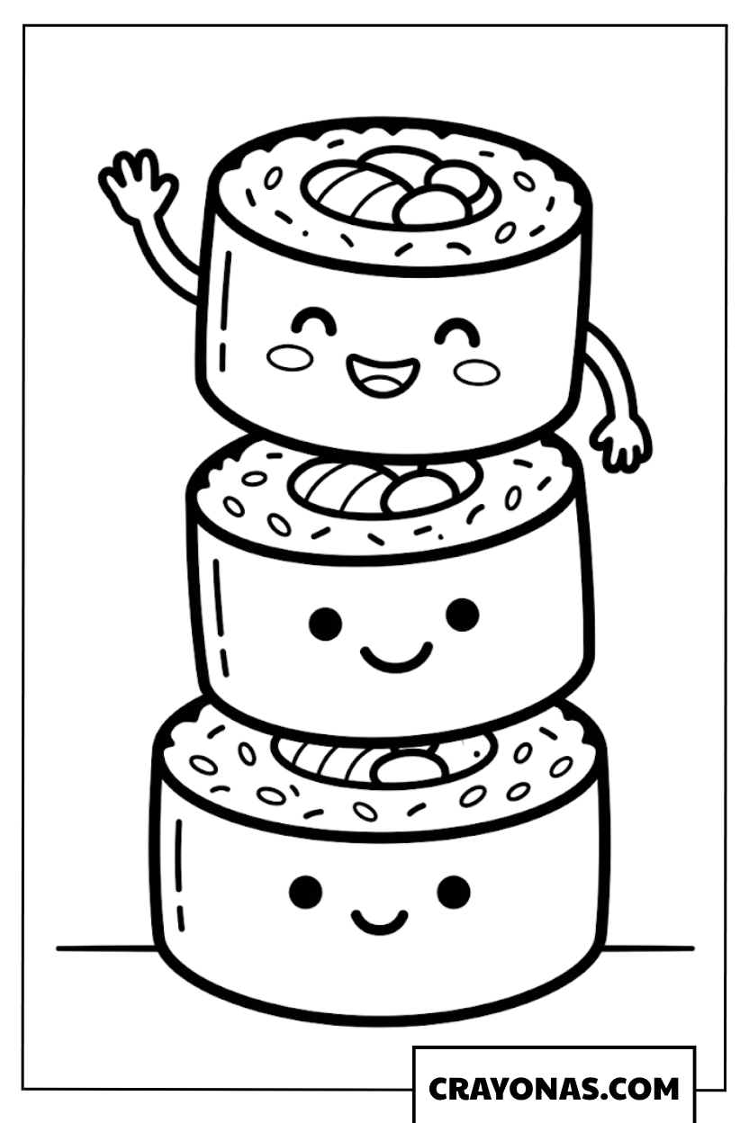 Stacked Happy Sushi Rolls Coloring Page