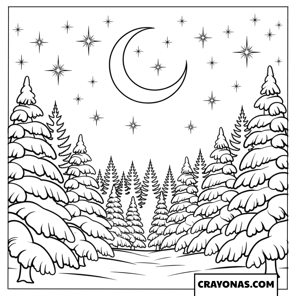 Starry Night Snowy Forest Coloring Page