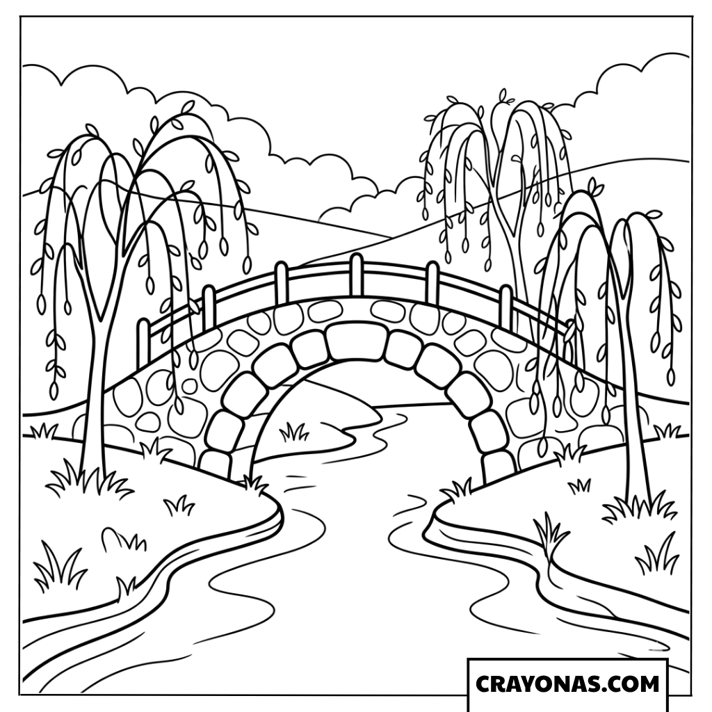 Stone Bridge Over River Coloring Page