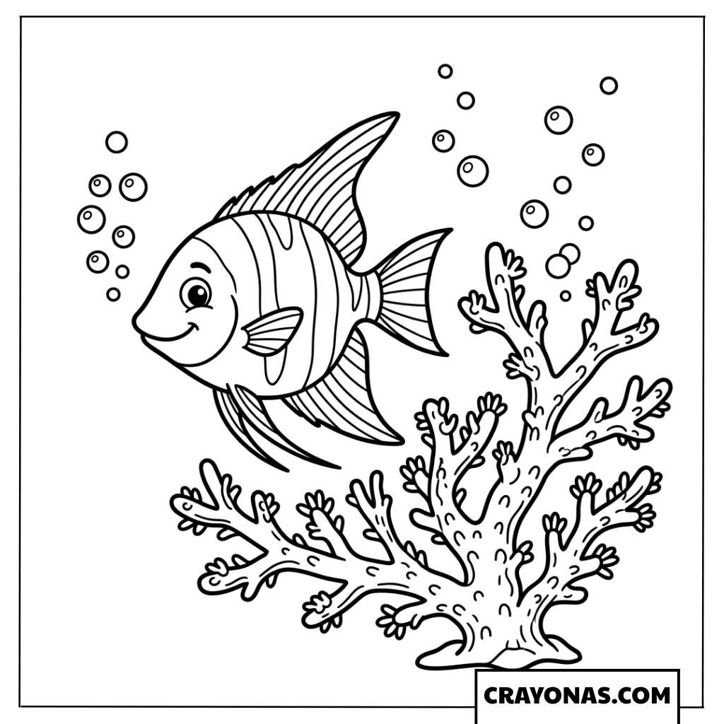 Striped Tropical Fish with Coral Coloring Page