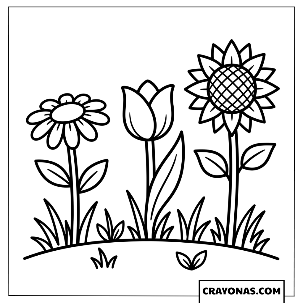 Sunflower and Tulips Garden Coloring Page