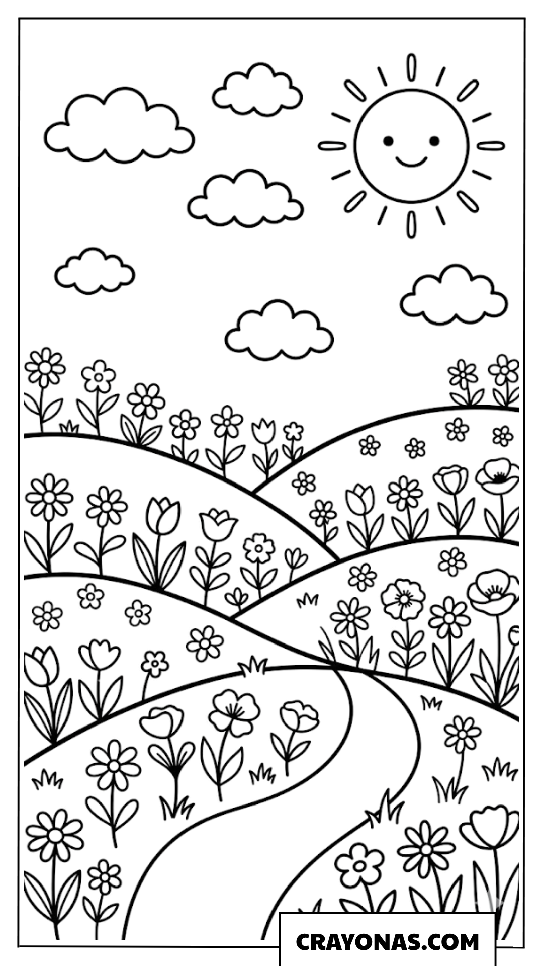Sunny Flower Hills Landscape Coloring Page