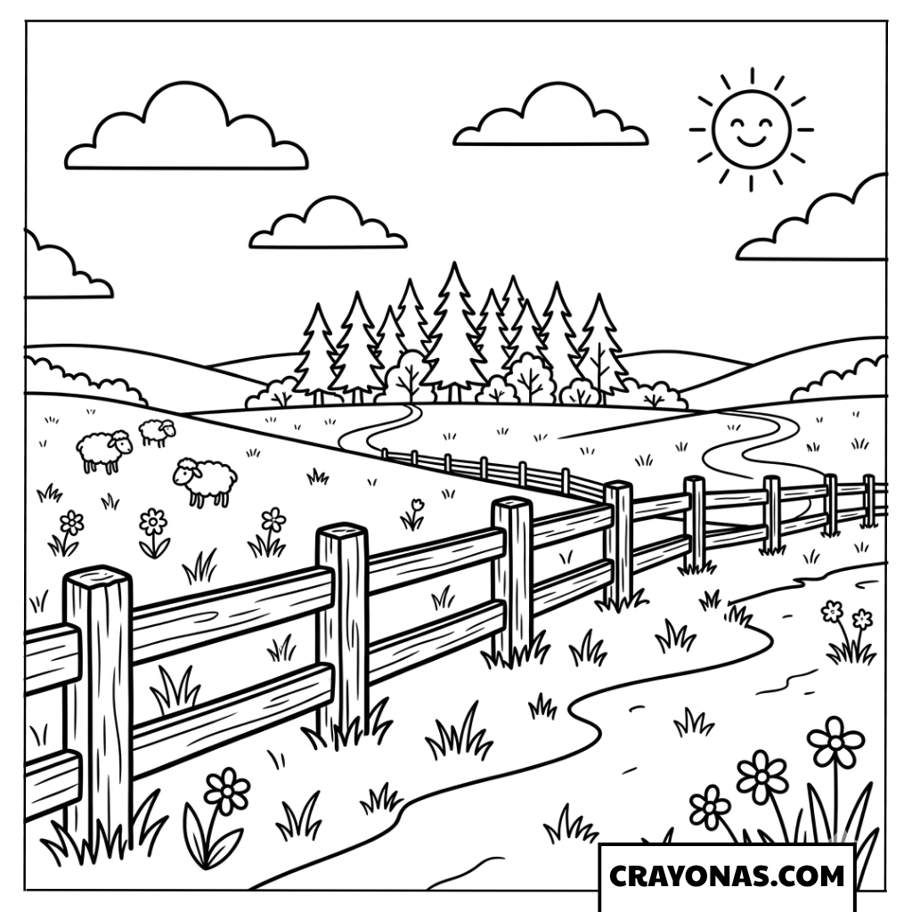 Sunny Meadow with Sheep Coloring Page