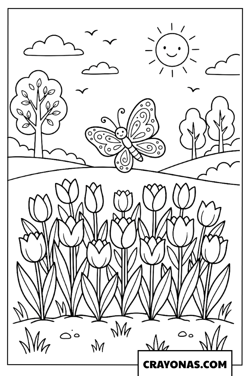 Sunny Tulip Field with Butterfly Coloring Page