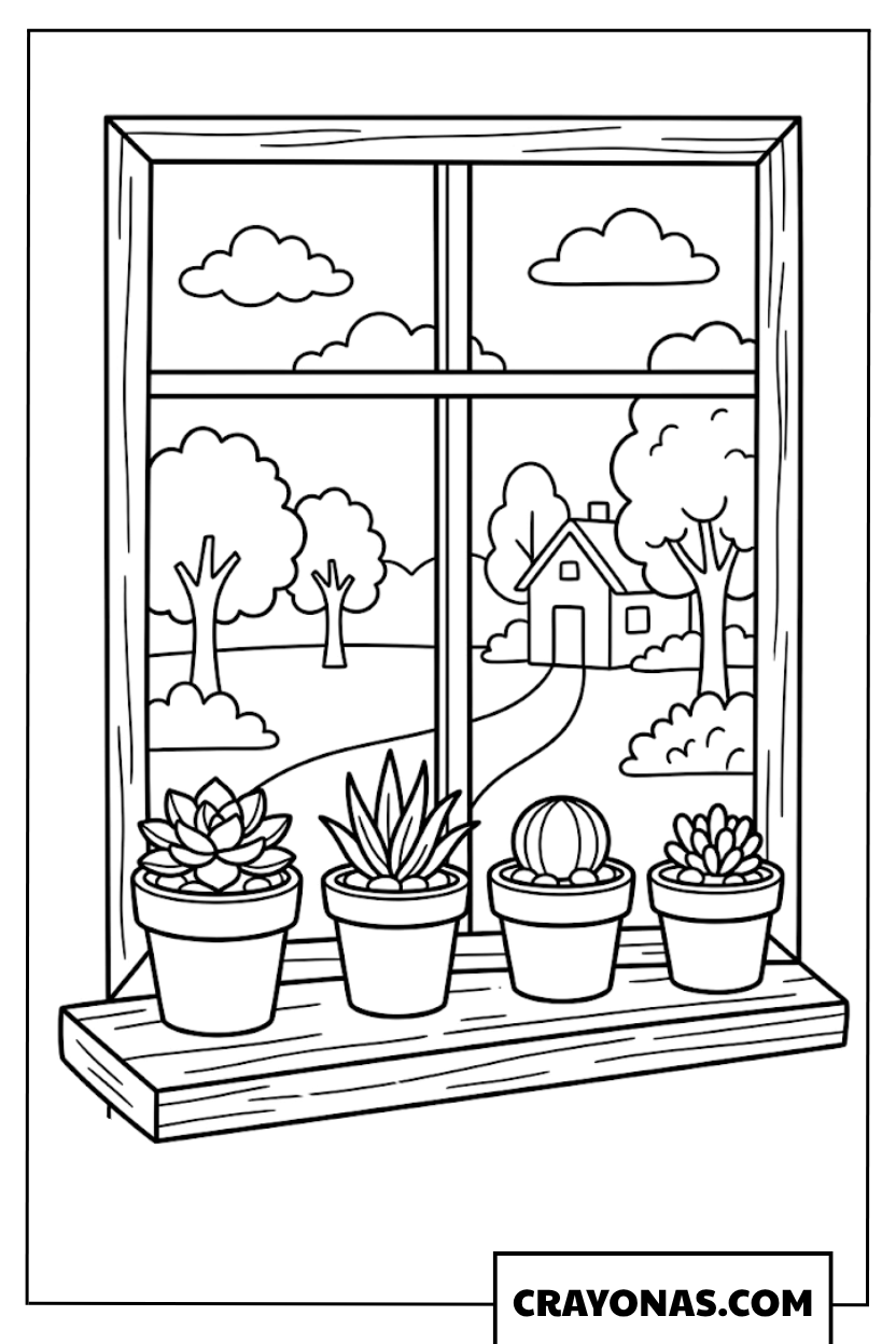 Sunny Window Sill with Potted Plants Coloring Page