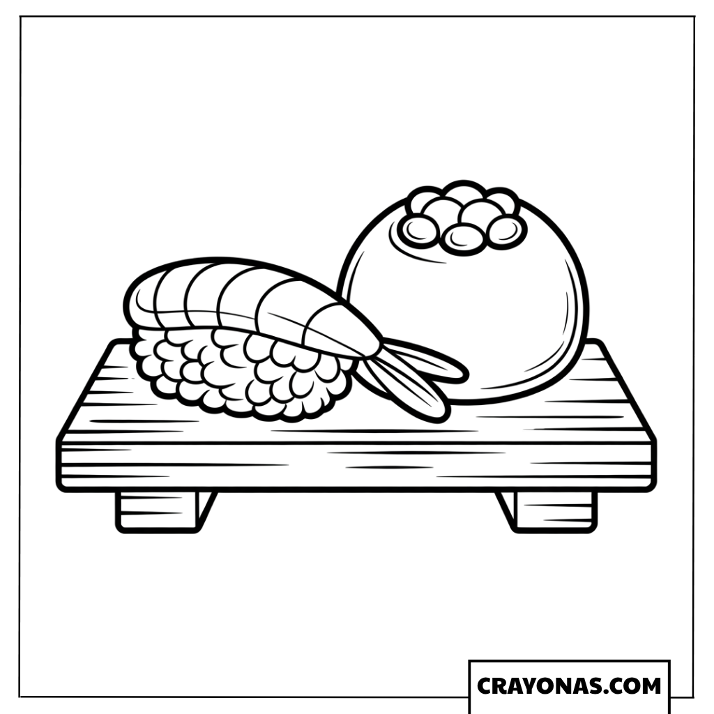 Sushi and Onigiri on Wooden Plate Coloring Page