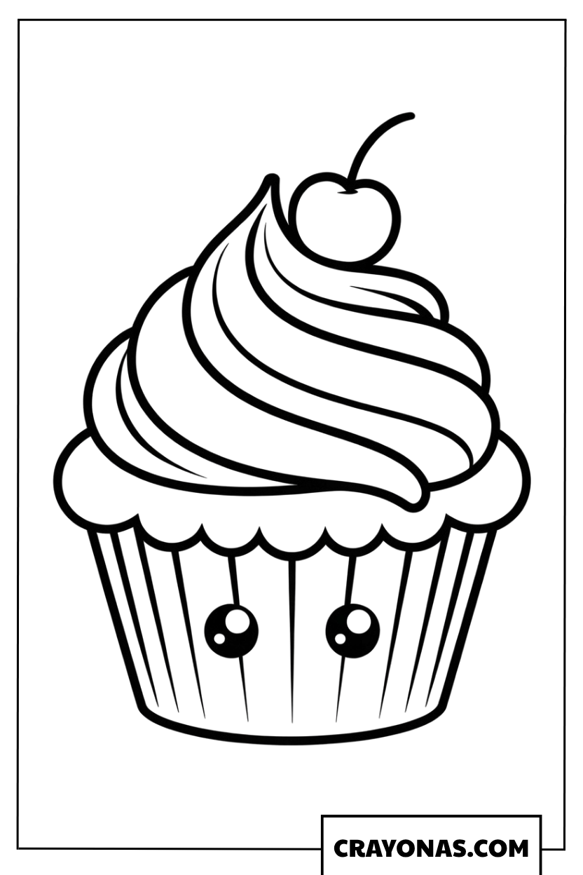Swirl Frosting Kawaii Cupcake with Cherry Coloring Page