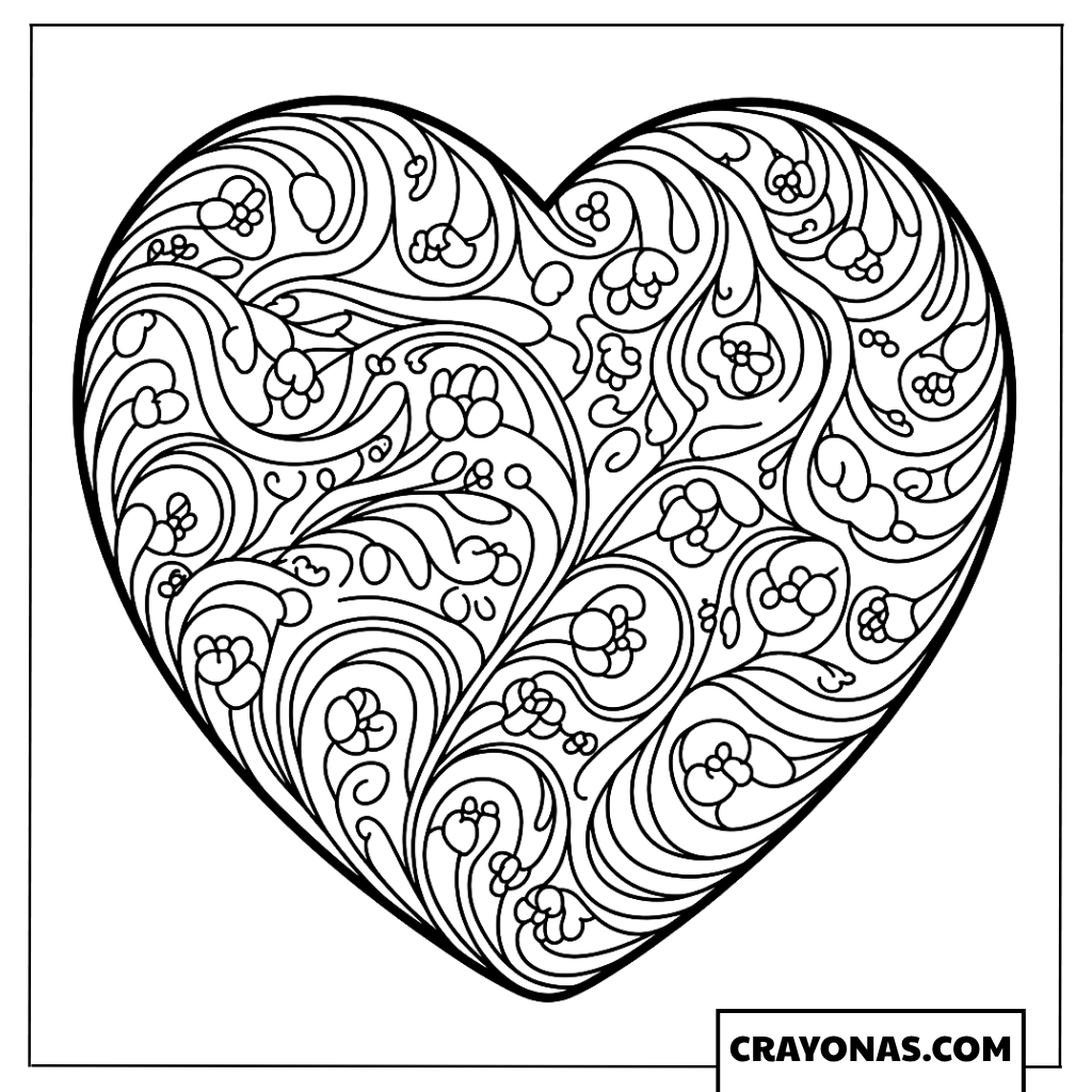 Swirling Floral Heart Mandala Coloring Page