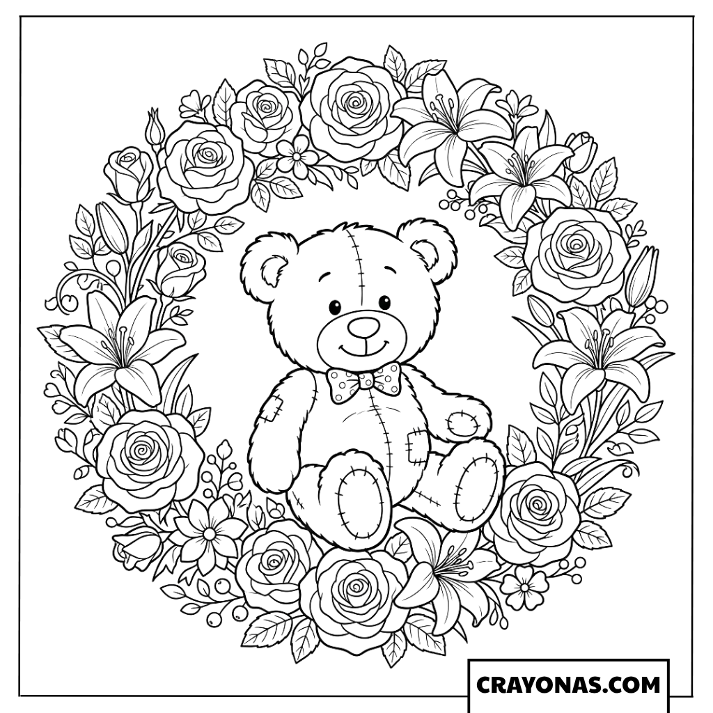 Teddy Bear Floral Wreath Coloring Page
