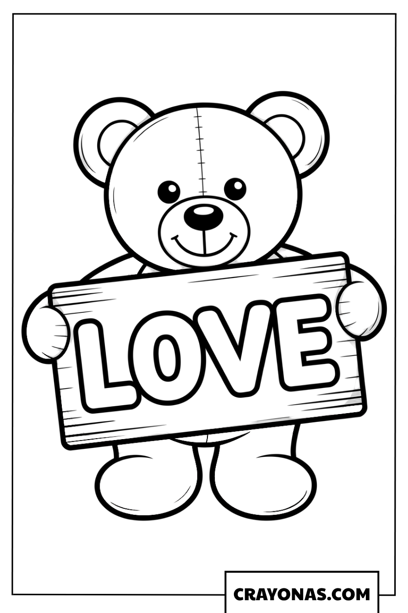 Teddy Bear Holding Love Sign Coloring Page
