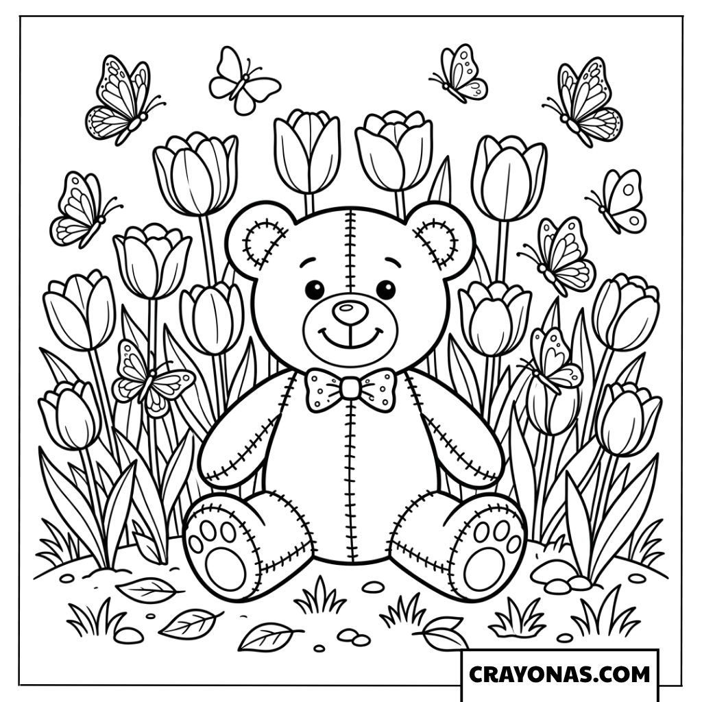 Teddy Bear Spring Garden Coloring Page