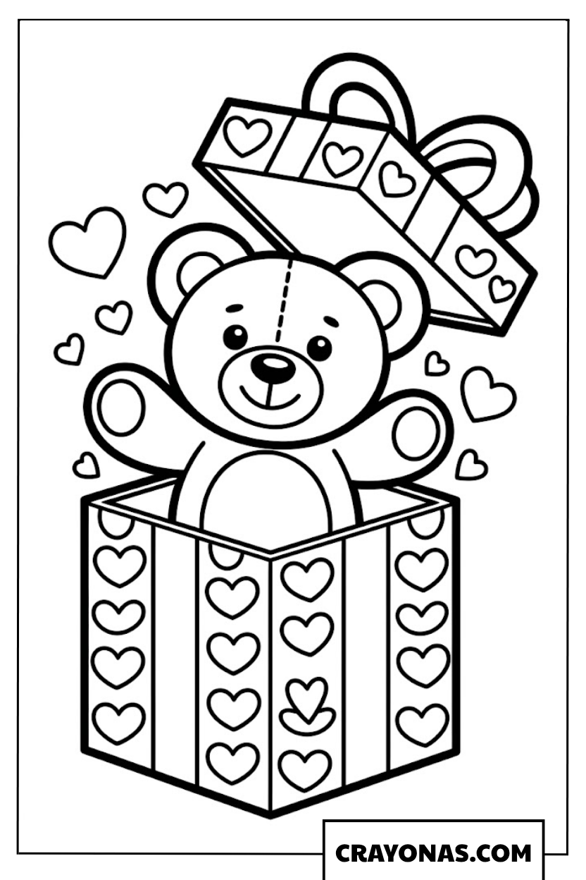 Teddy Bear in Heart Gift Box Coloring Page