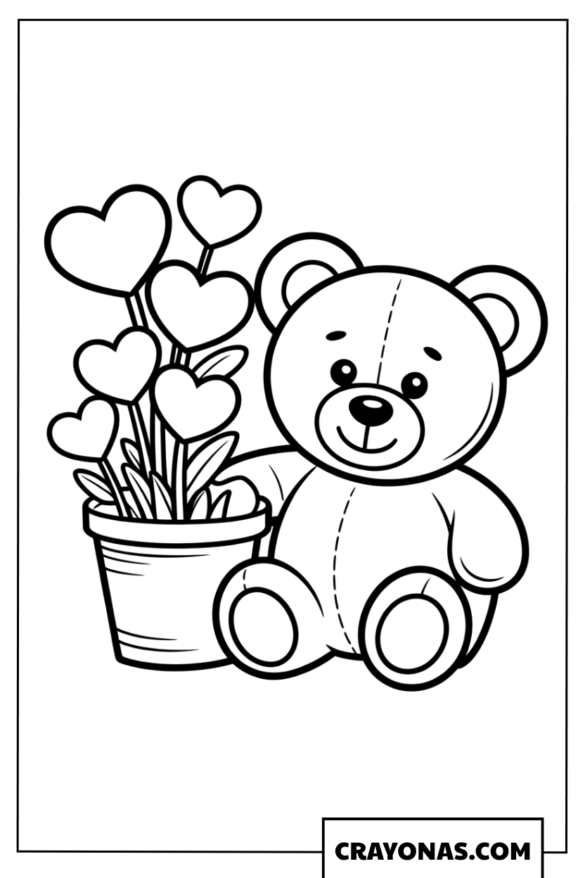 Teddy Bear with Flower Pot Coloring Page