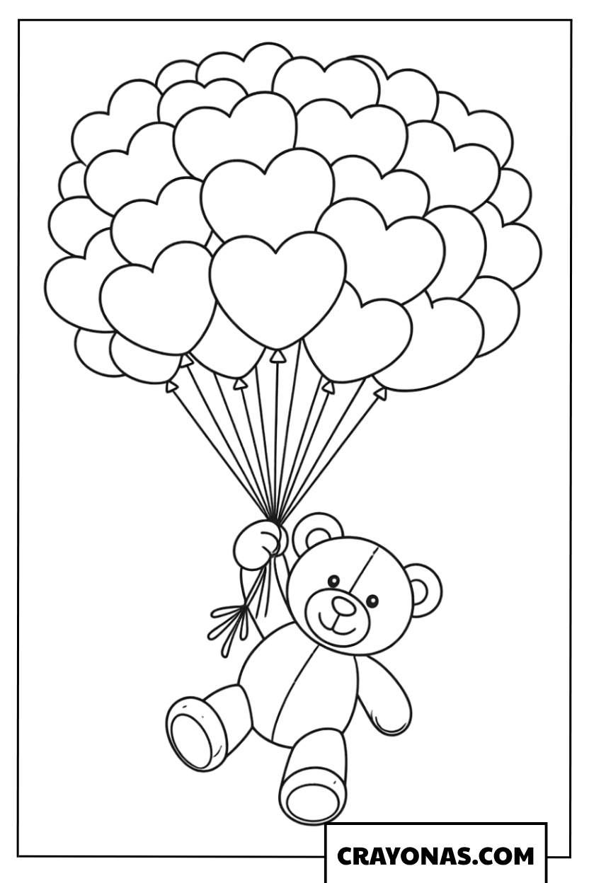 Teddy Bear with Heart Balloons Coloring Page