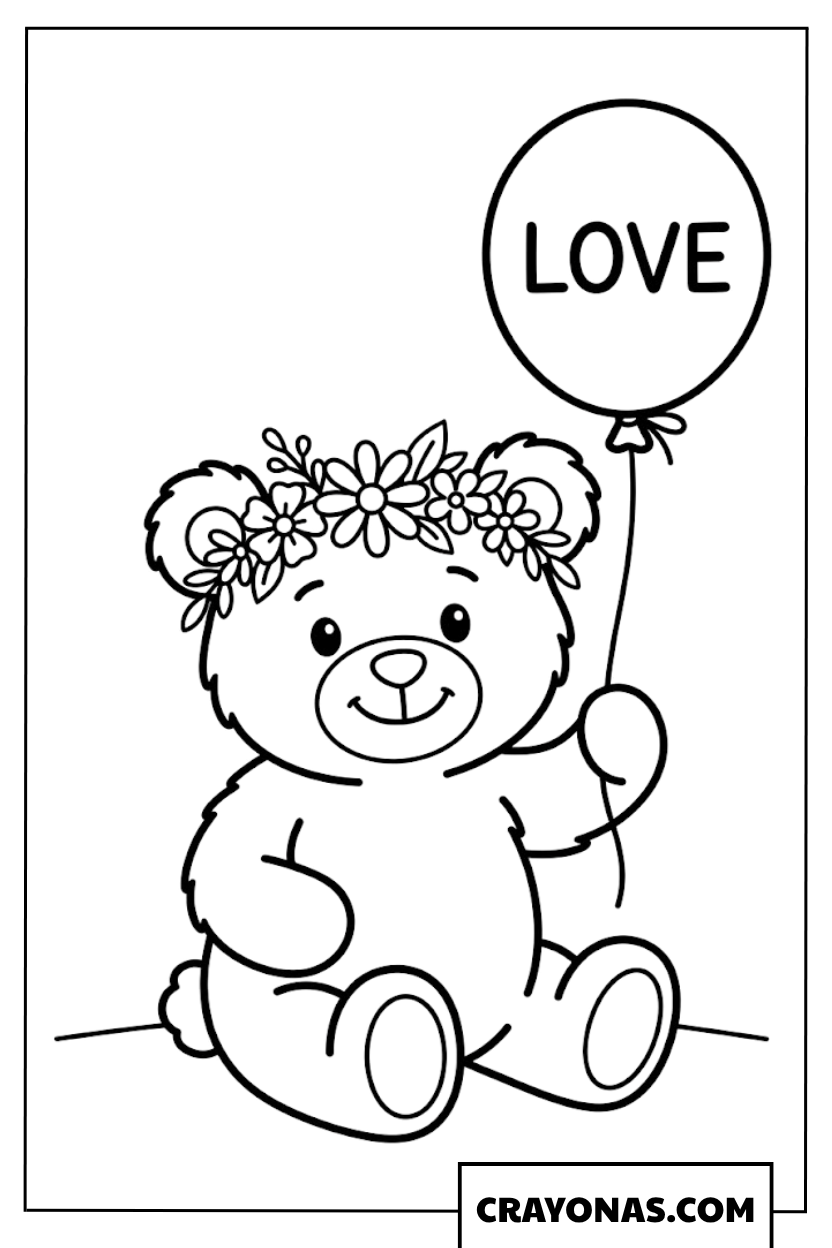 Teddy Bear with Love Balloon Coloring Page