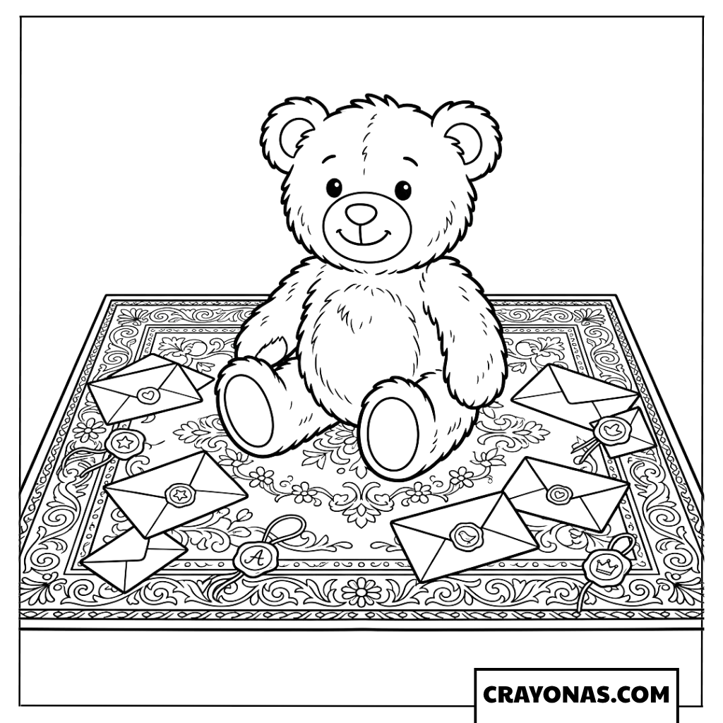 Teddy Bear with Love Letters Coloring Page