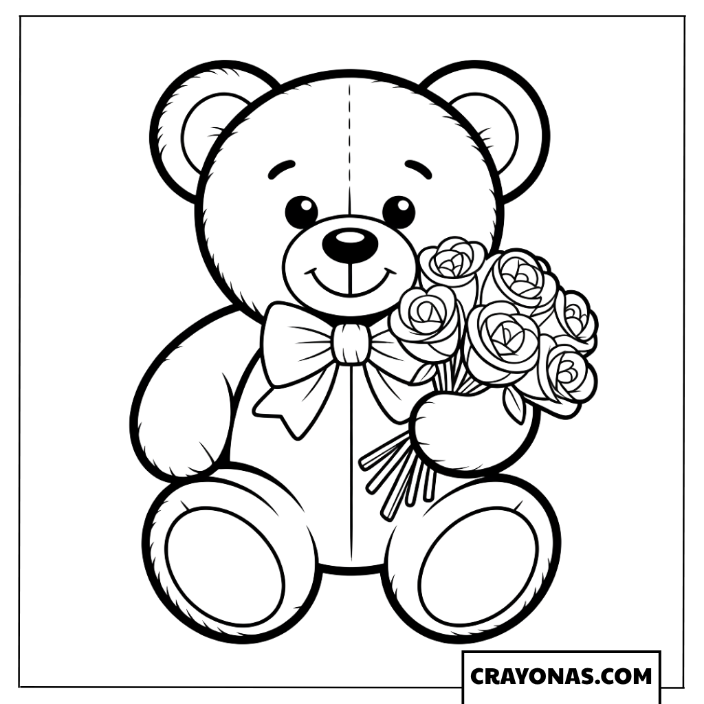 Teddy Bear with Rose Bouquet Coloring Page