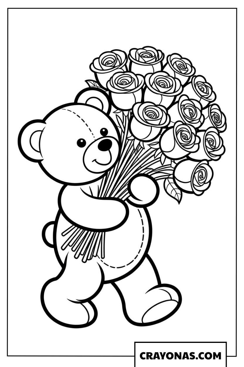 Teddy Bear with Roses Coloring Page