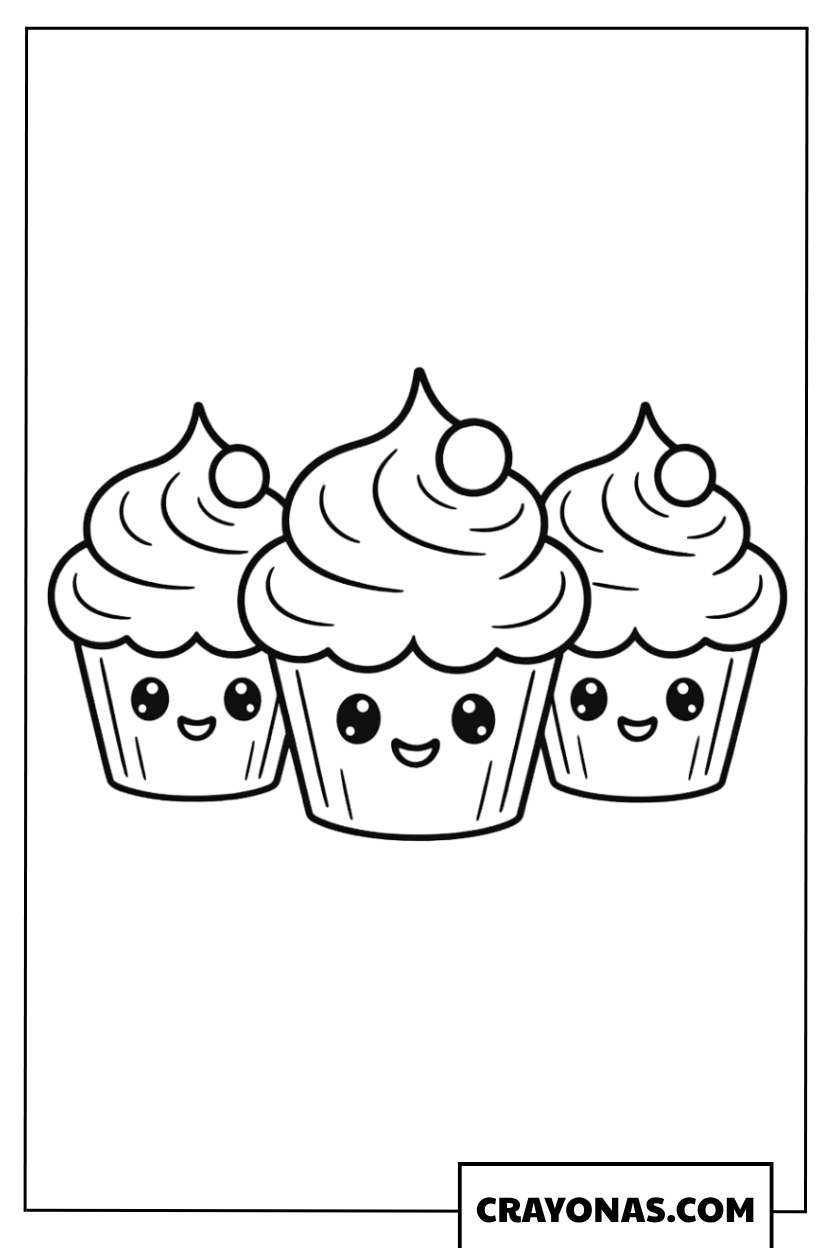 Three Happy Kawaii Cupcakes Coloring Page
