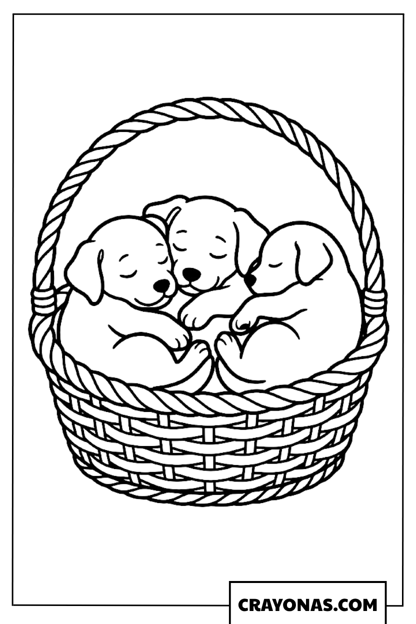 Three Puppies Sleeping in Basket Coloring Page
