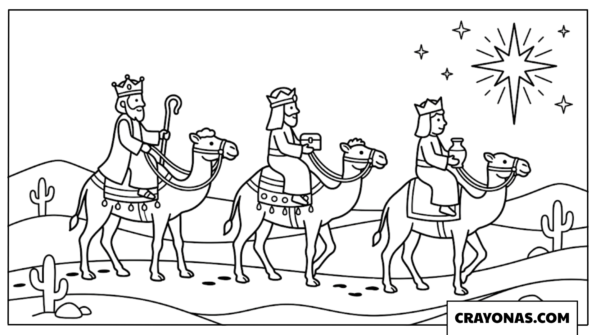 Three Wise Men Following the Star Coloring Page